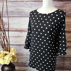 NEW HALOGEN BLACK WGITE POLKA DOT TIERED SHORT SLEEVES PULLOVER BLOUSE